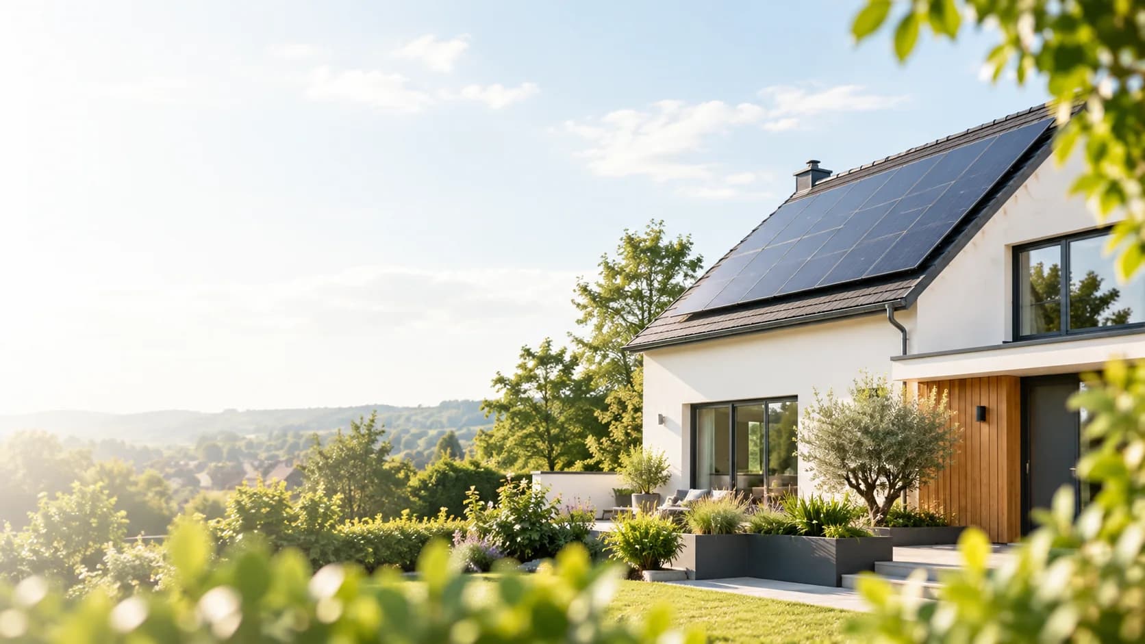 Modern UK home with rooftop solar panels